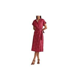 Lauren Ralph Lauren Womens Midi Dress Sz 12 Fuchsia Geo-Print Shantung Tie-Waist